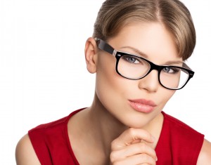 Close-up portrait of beautiful stylish woman in eyeglasses